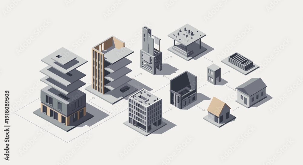 Obraz premium Collection of 3D Rendered Buildings and Houses.