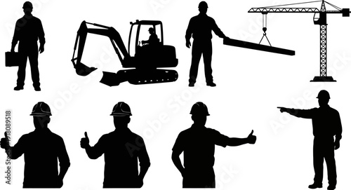 Silhouettes of construction workers and heavy machinery on white background