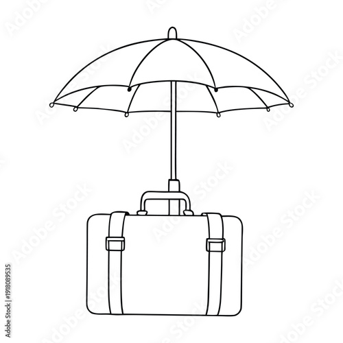 A sturdy travel bag sits safely beneath a large, colorful umbrella, shielding it from rain, ready for adventures while keeping belongings dry and secure.
