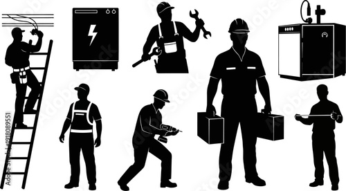 black silhouettes of workers with tools and appliances on white background