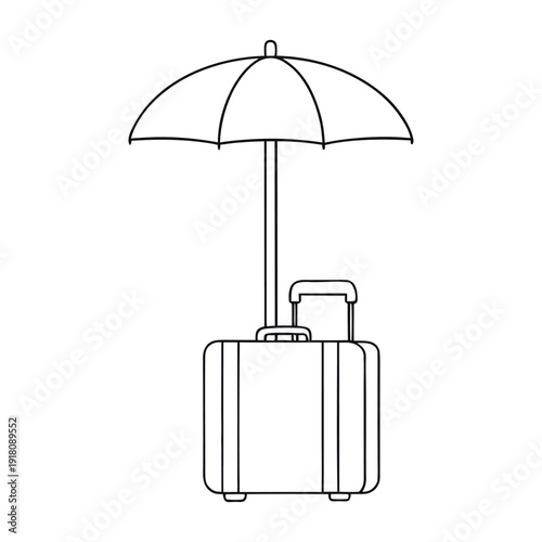 A sturdy travel bag sits safely beneath a large, colorful umbrella, shielding it from rain, ready for adventures while keeping belongings dry and secure.
