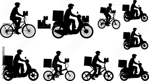 Silhouette of delivery people riding bicycles and scooters with boxes on various vehicles