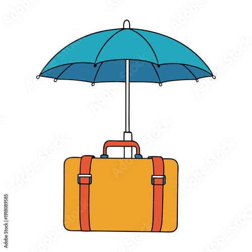 A sturdy travel bag sits safely beneath a large, colorful umbrella, shielding it from rain, ready for adventures while keeping belongings dry and secure.

