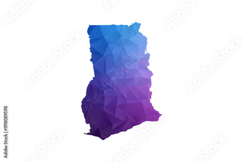 Ghana Map - Polygon Style Vector Illustration in Blue and Purple Gradient, Low Poly Geometric Design, Isolated on White Background, Ideal for Infographics and Learning Materials.