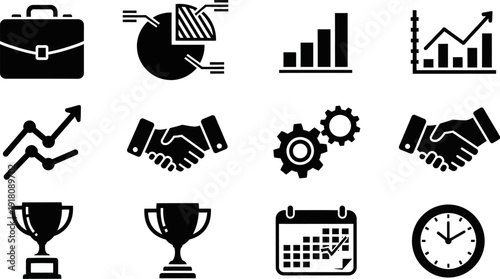 Business and finance icons set including briefcase handshake and graphs