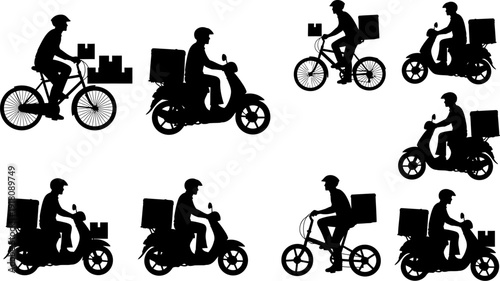 Silhouettes of delivery people riding bicycles and motorcycles with packages