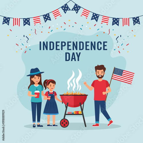 Family BBQ Celebration for Independence Day with American Flags and Decorations