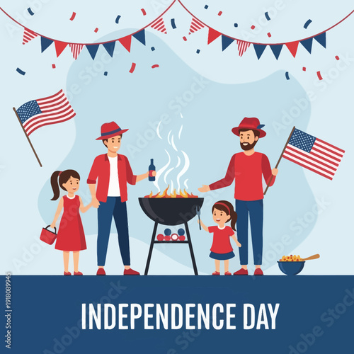 Family BBQ Celebration for Independence Day with American Flags and Decorations