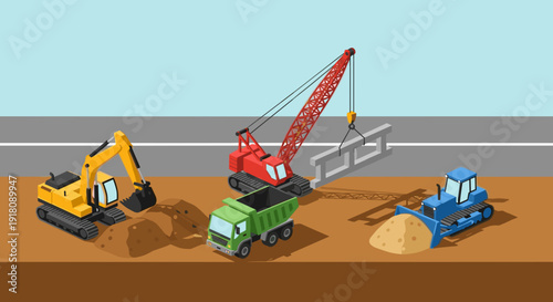 Construction Site with Heavy Machinery and Vehicles.