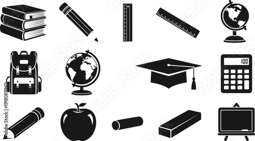 collection of black school supplies and education icons on white background