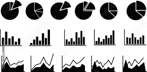 Collection of various business graph and chart icons for data analysis and statistics