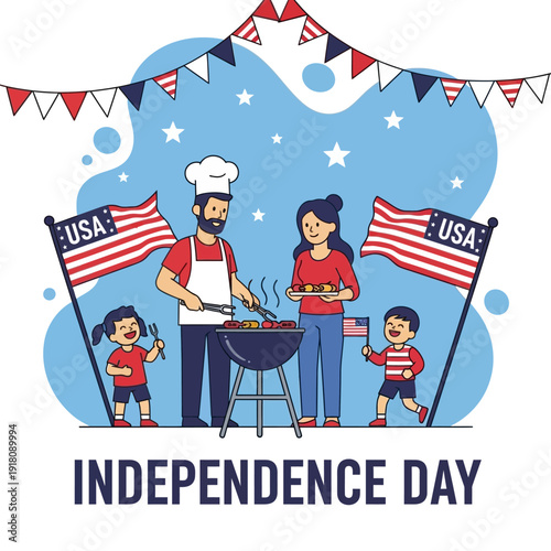 Family BBQ Celebration for Independence Day with USA Flags and Festive Decorations