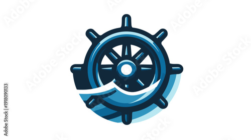Modern Blue Ship's Wheel and Ocean Waves Graphic Design. Nautical Helm Vector Illustration for Travel, Navigation, and Maritime Adventure.