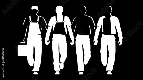 Diverse Group of Male Workforce Professionals and Tradesmen Walking in Silhouette - Team Concept Vector Illustration