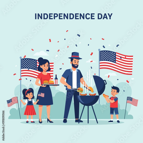 Family Independence Day BBQ Celebration with American Flags and Confetti