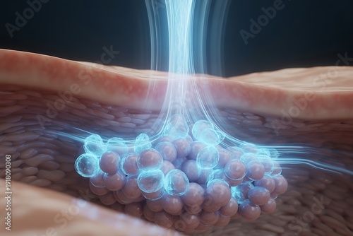 Illustration of skin cells undergoing treatment with blue light therapy