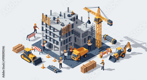 Construction Site with Workers and Machinery.