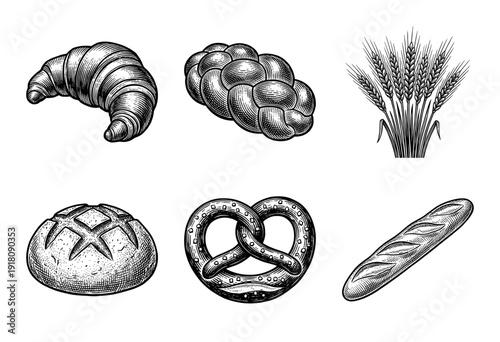 Vintage engraving style collection of bakery products including croissant, baguette, pretzel, braided loaf, sourdough bread, and wheat stalks on white background.