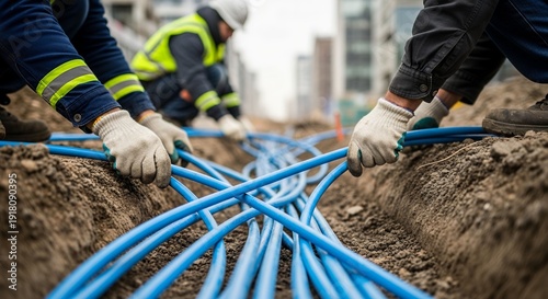 Workers installing underground fiber optic cables for high speed internet access