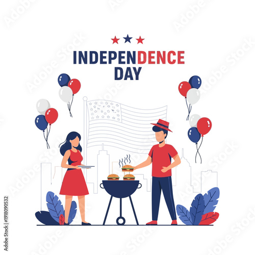 Independence Day BBQ Celebration with American Flag and Balloons