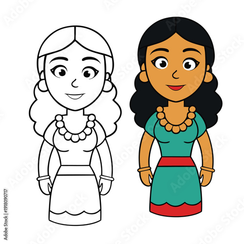 A cheerful Latin woman coloring page, smiling with flowing hair and traditional attire, perfect for adding vibrant colors and celebrating culture and beauty.
