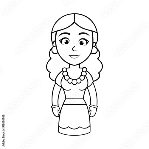 A cheerful Latin woman coloring page, smiling with flowing hair and traditional attire, perfect for adding vibrant colors and celebrating culture and beauty.
