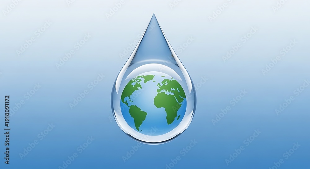 Obraz premium World map projected onto a clear water droplet, highlighting global resources
