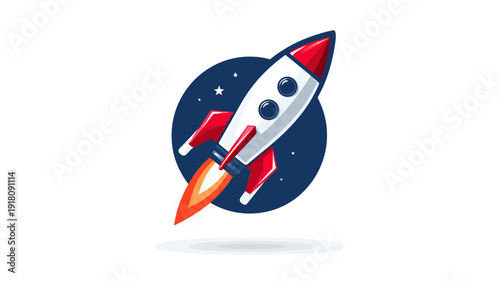 Cartoon rocket launching into starry night sky, symbolizing business growth, startup success, innovation, exploration, and progress