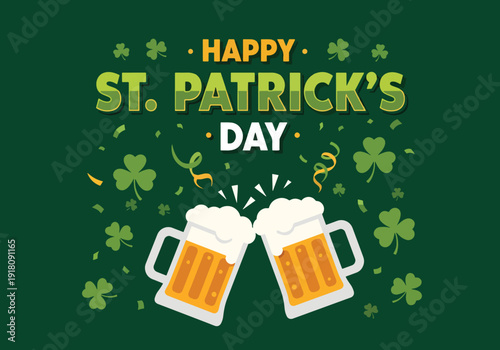 St Patrick’s Day vector poster with clinking green beer mugs and shamrock decorations celebrating Irish pub tradition, friendship, and festive holiday gathering