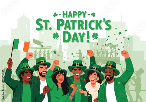 St Patrick’s Day vector poster showing friends celebrating parade in green outfits with shamrocks highlighting Irish culture, unity, and festive March 17 celebration