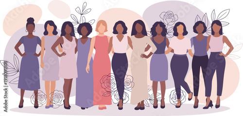 Diverse group of women of various ethnicities and skin tones, standing together in solidarity, representing strength and unity in a modern illustration style