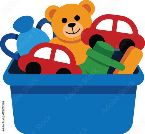 Playroom Toy Organizer Illustration – Kids Room Concept Art - Baby Toys Storage Cartoon – Colorful Flat Vector Graphic - toy box illustration, kids toy basket, teddy bear vector, toy cars cartoon, chi