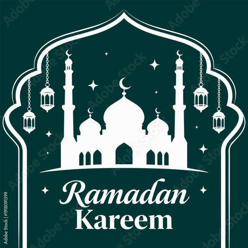 Ramadan Kareem Illustration: A serene illustration that captures the essence of Ramadan, featuring a silhouette mosque with minarets, a crescent moon, and stars, all framed within an ornate archway.