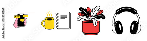 Minimalist Bold Line Productivity and Lifestyle Graphic Element Kit for Remote Work and Digital Communication