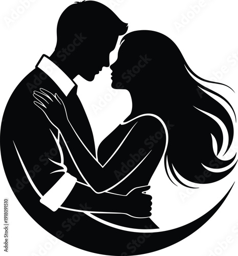 Romantic couple silhouette kissing inside crescent moon shape, intimate love vector illustration isolated on white background design