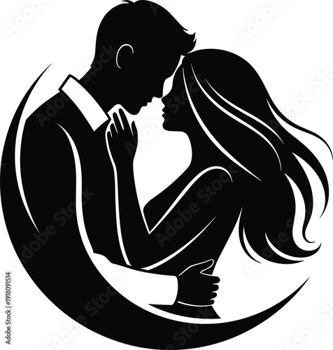Romantic couple silhouette embracing in crescent moon shape, intimate love concept vector illustration isolated on white background design