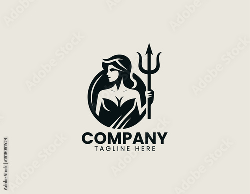 a stylish female warrior holding a trident with loose hair and a dynamic pose black vector logo illustration white background