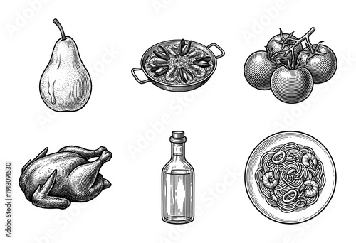 Vintage engraving style food and beverage collection featuring seafood paella, roasted chicken, tomatoes, pear, olive oil, and spaghetti pasta set.