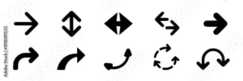 Arrows hand drawn set with black curved lines and various directions including straight and circular featuring vector, icons, direction with up and down elements for left, right projects, clean