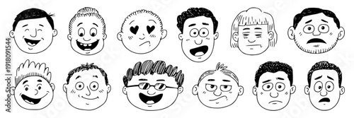 Faces cartoon set with various expressions and emotions featuring happy, sad, surprised with angry and confused elements for shocked, love projects, clean composition on simple background
