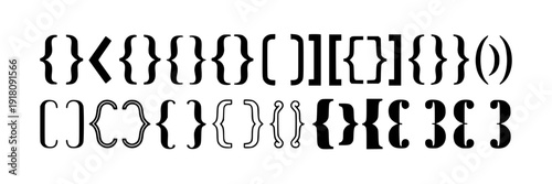 Brackets typographic illustration set with various styles and designs showcasing different types of brackets and parentheses featuring typography, graphic, design with symbols and punctuation