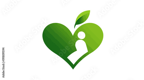 Abstract green heart with person silhouette and leaf, symbolizing health, wellness, natural care, and well-being