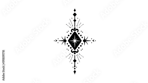Elegant Symmetrical Black & White Ornamental Diamond Starburst Graphic Design Element with Mystical Flair