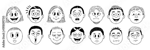 Faces cartoon set with various expressions hand-drawn in black and white featuring emotions, people, characters with illustrations and doodles elements for sketches, simple projects, clean