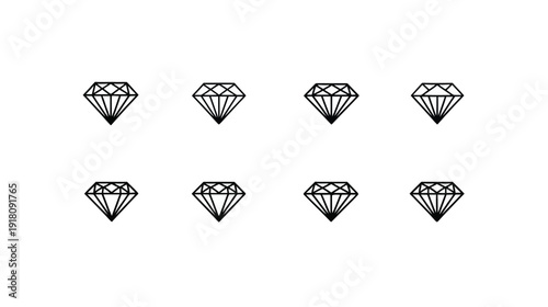 Set of eight geometric outline diamond icons, ideal for luxury, jewelry, premium design elements, or treasure concepts.