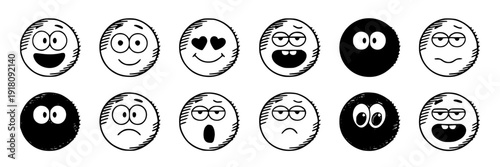 Faces cartoon set with various expressions and emotions illustrated in black and white featuring happy, sad, surprised with angry and shocked elements for confused, love projects, clean composition