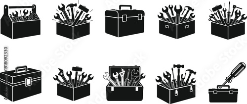 Set, of, ten, black, and, white, toolbox, icons, with, hammers, wrenches, screwdrivers, arranged, in, a, grid, for, construction, maintenance, branding.