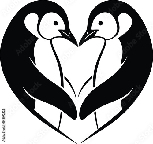 Vector illustration of penguin couple forming heart shape, romantic artwork, love symbol, unity design, emotional connection, relationship bonding, affectionate artwork