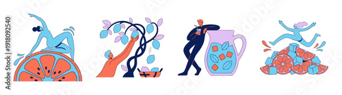 Flat Vector Citrus Harvest and Refreshment Illustration Set for Wellness and Beverage Branding