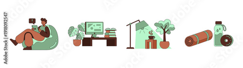 Flat Vector Remote Work and Wellness Graphic Set for Modern Lifestyle and Home Office Productivity